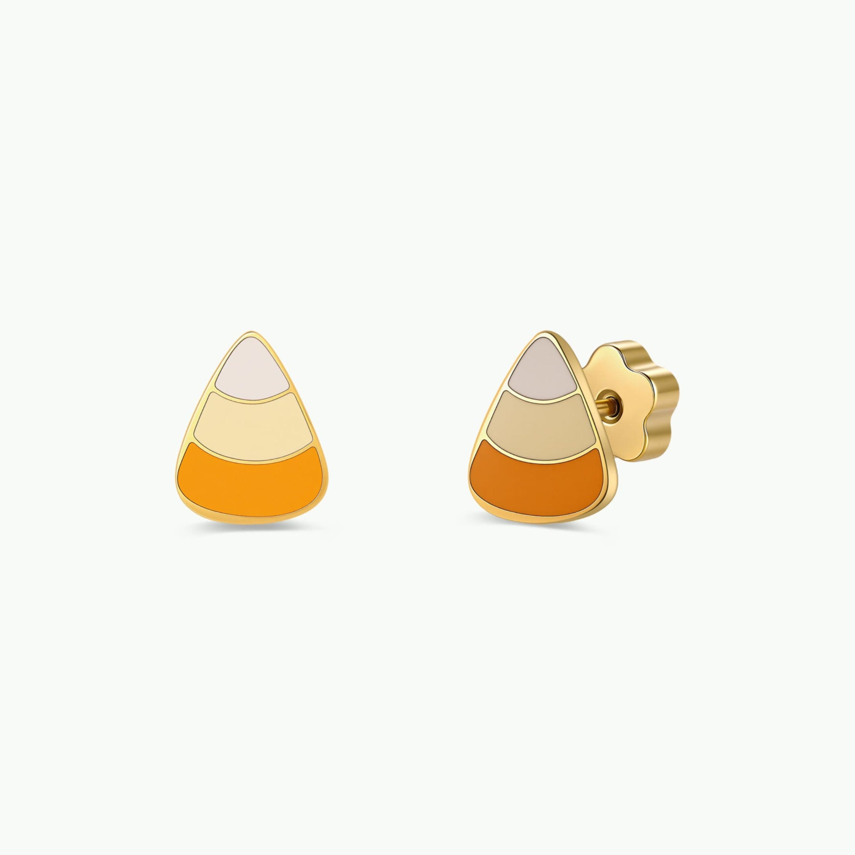 JaxKelly’s Candy Corn Enamel Flat Back Kids Earrings feature a charming candy corn design with white at the top, yellow in the middle, and orange at the bottom. These hypoallergenic gold stud earrings are perfect for sensitive ears and are waterproof for added durability and comfort. Shown here on a plain white background.