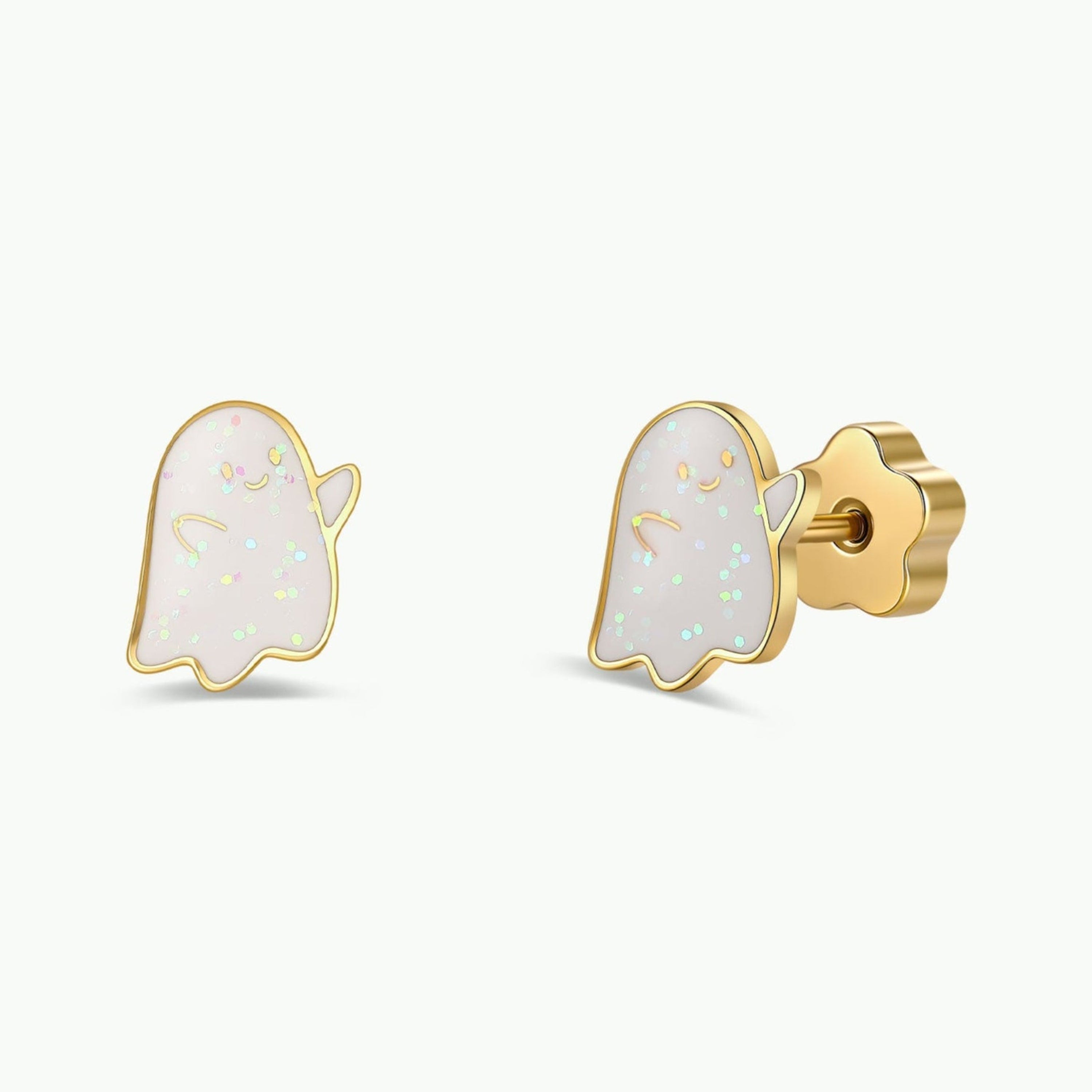 Pair of Ghost Enamel Flat Back Kids Earrings by JaxKelly, featuring adorable ghost shapes with white, iridescent enamel and small smiling faces. Crafted from hypoallergenic, surgical-grade stainless steel and shown from front and side angles on a plain white background.
