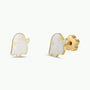 Pair of Ghost Enamel Flat Back Kids Earrings by JaxKelly, featuring adorable ghost shapes with white, iridescent enamel and small smiling faces. Crafted from hypoallergenic, surgical-grade stainless steel and shown from front and side angles on a plain white background.
