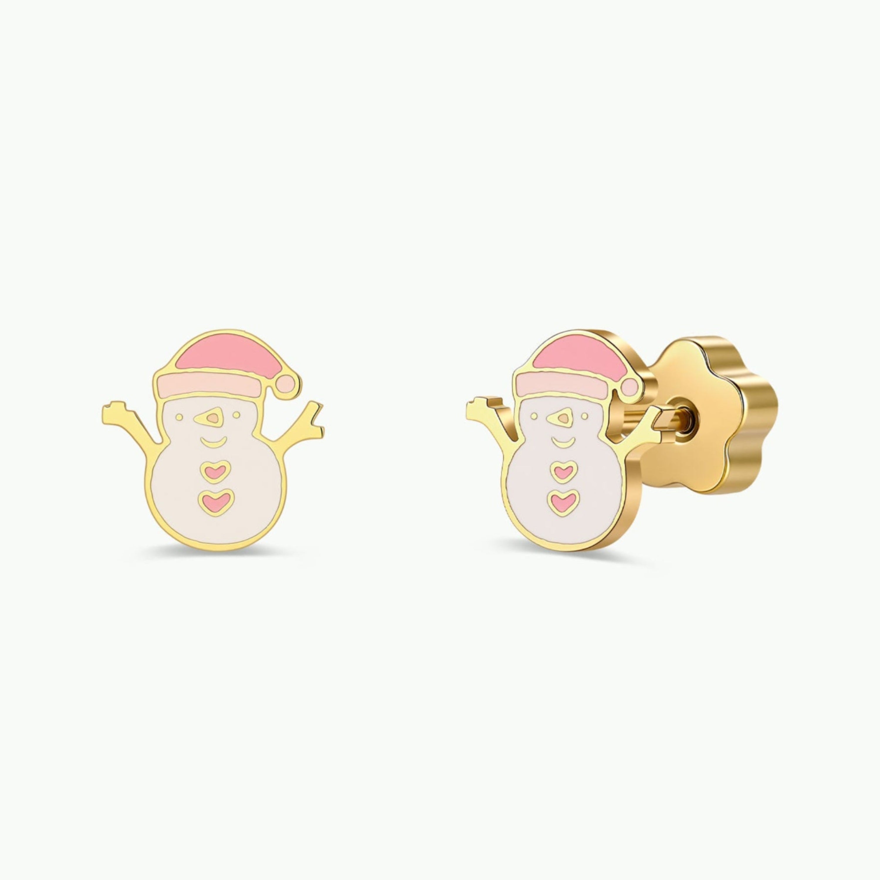 JaxKelly Snowman Enamel Flat Back Kids Earrings are gold earrings shaped like snowmen wearing pink Santa hats, featuring pink heart buttons and smiling faces, displayed on a plain white background. These hypoallergenic children’s earrings include a stainless steel post for comfortable, worry-free wear.