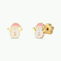 JaxKelly Snowman Enamel Flat Back Kids Earrings are gold earrings shaped like snowmen wearing pink Santa hats, featuring pink heart buttons and smiling faces, displayed on a plain white background. These hypoallergenic children’s earrings include a stainless steel post for comfortable, worry-free wear.