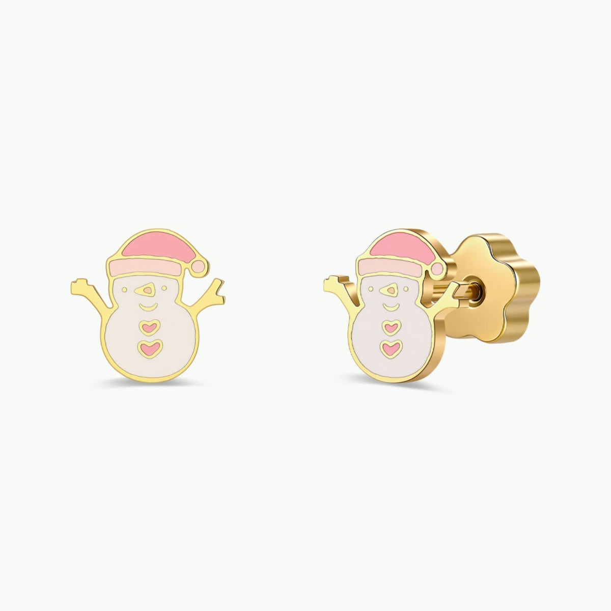 JaxKelly Snowman Enamel Flat Back Kids Earrings are gold earrings shaped like snowmen wearing pink Santa hats, featuring pink heart buttons and smiling faces, displayed on a plain white background. These hypoallergenic children’s earrings include a stainless steel post for comfortable, worry-free wear.