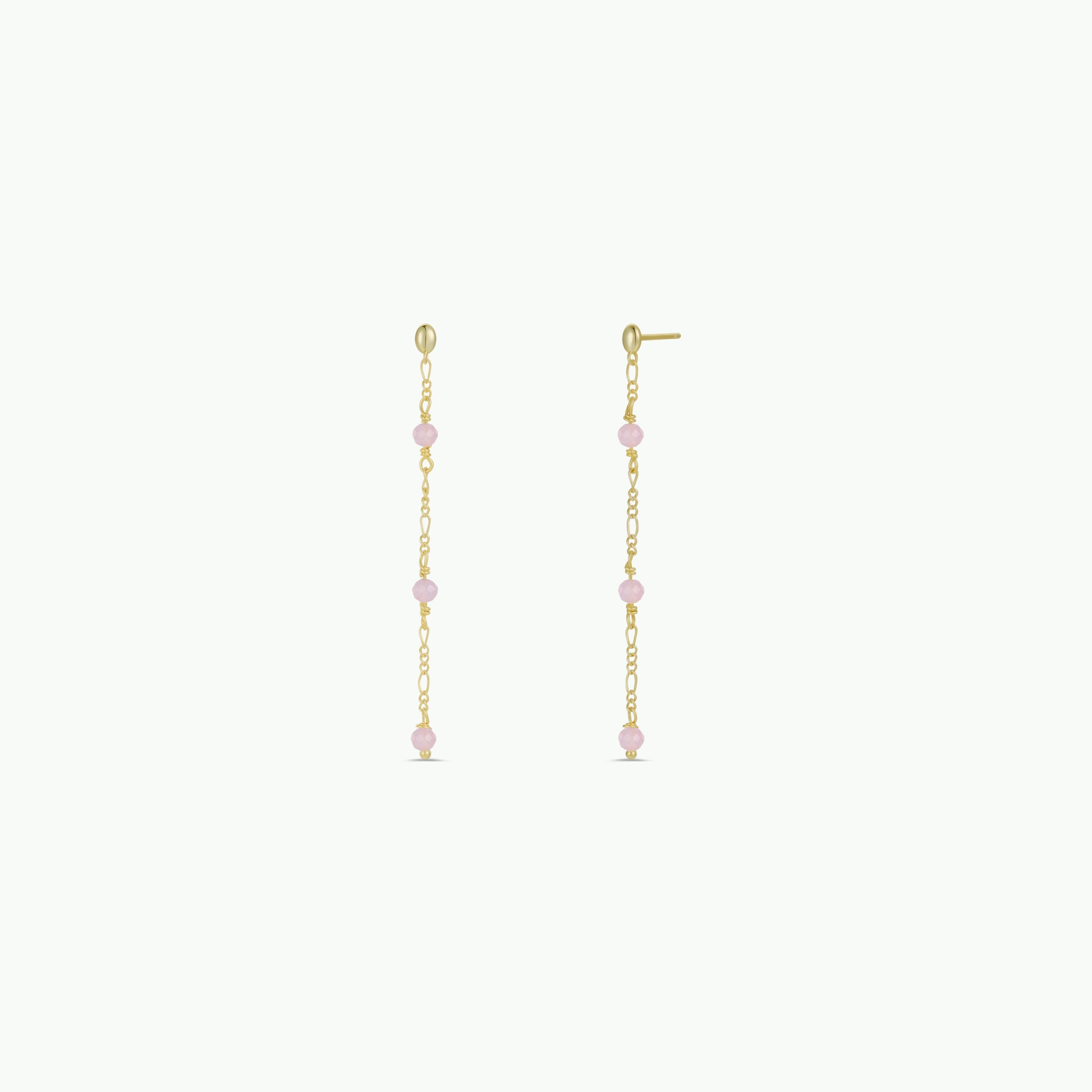 The Gemstone Chain Drop - Rose Quartz earrings feature delicate 18k gold plating and small, evenly spaced rose quartz beads, displayed against a plain white background.