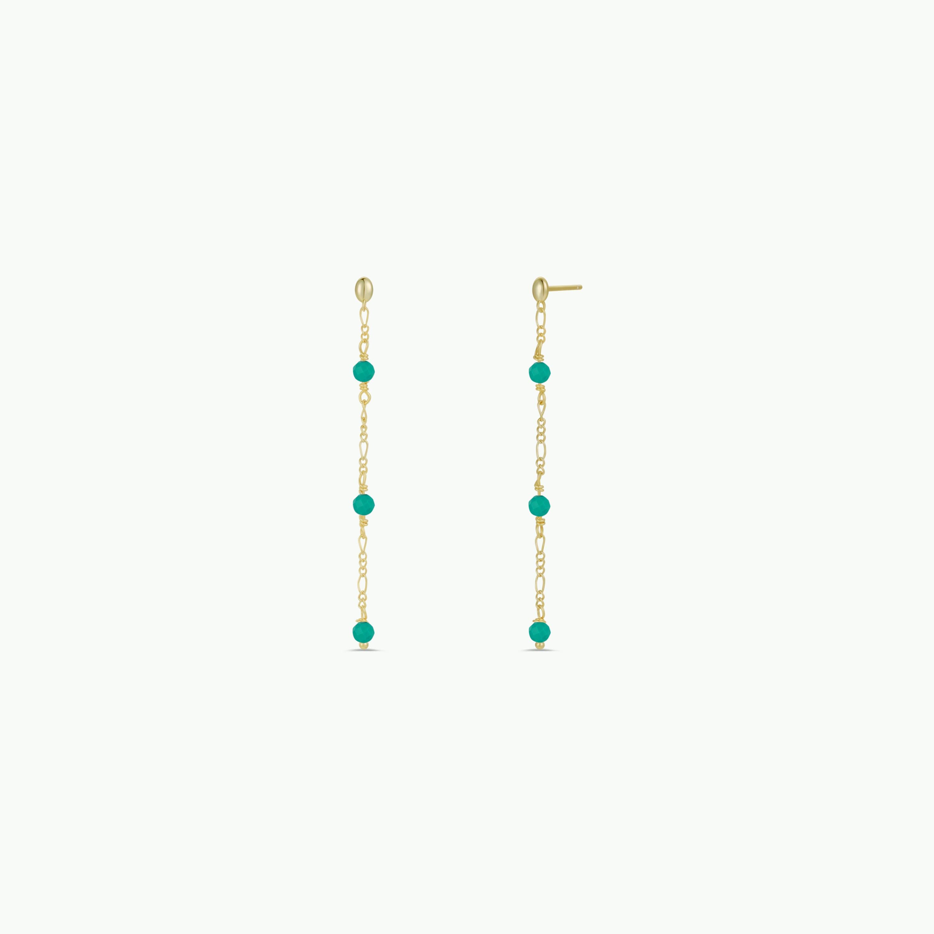 The Gemstone Chain Drop - Turquoise earrings feature four evenly spaced turquoise beads on 18k gold plated chains, perfect for bohemian jewelry lovers. Shown on a plain white background.