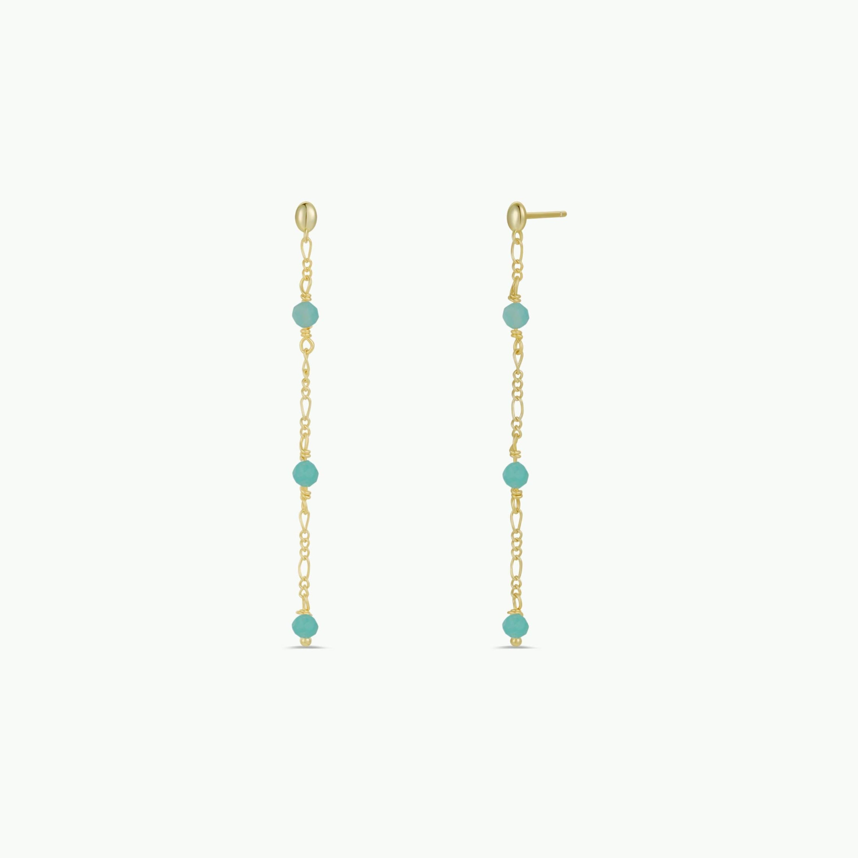 Gemstone Chain Drop - Amazonite: 18k gold plated chain drop earrings featuring four evenly spaced amazonite beads on each earring, shown on a plain white background—a bold bohemian accessory.