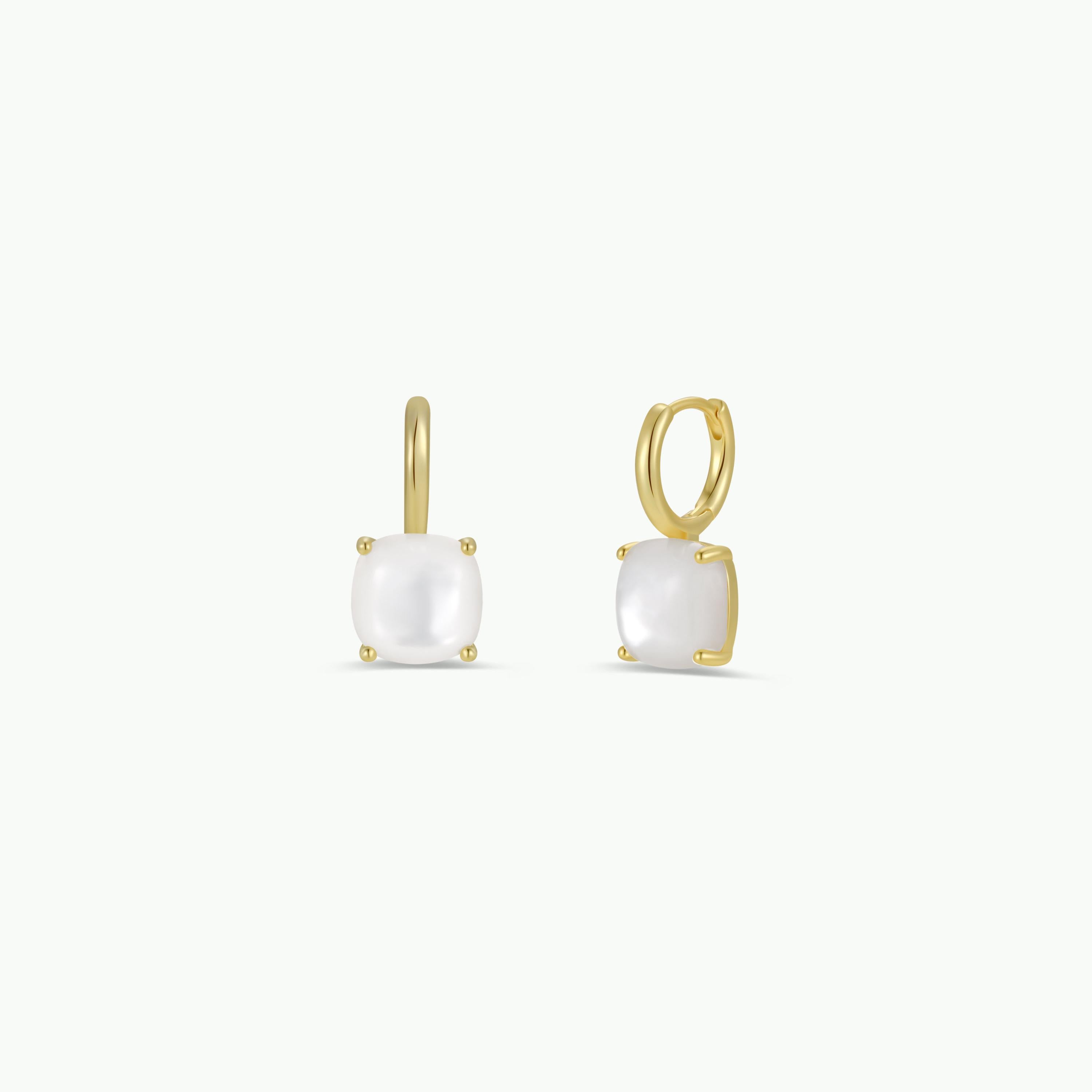 The Gemstone Mini Drop - Mother of Pearl earrings feature square-cut mother of pearl stones in four-prong gold settings, offering an elegant update to classic gold hoops, shown against a plain white background.