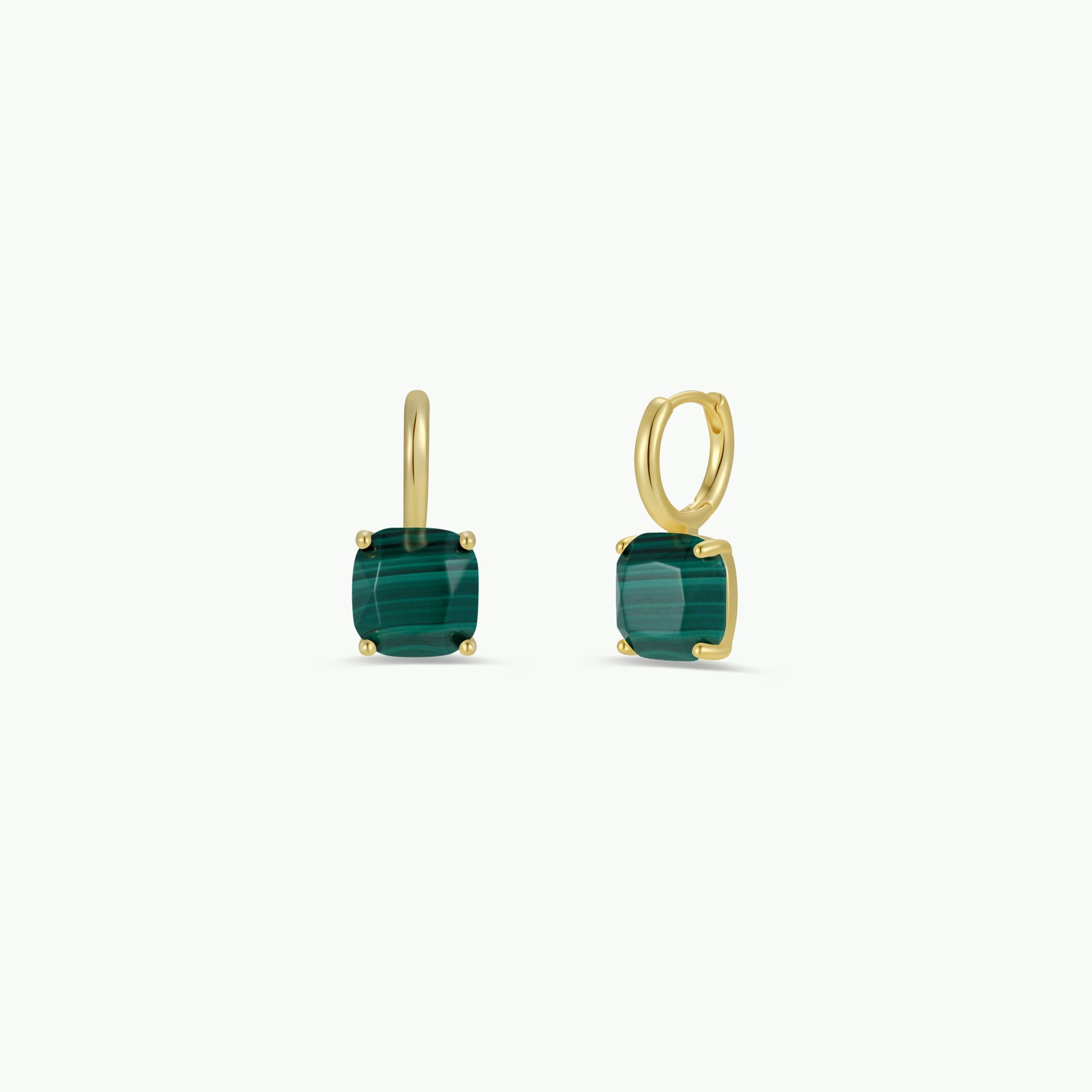 Gemstone Mini Drop - Malachite earrings feature square-cut green gemstones with banding in four-prong 18k gold-plated settings, displayed on a plain white background.