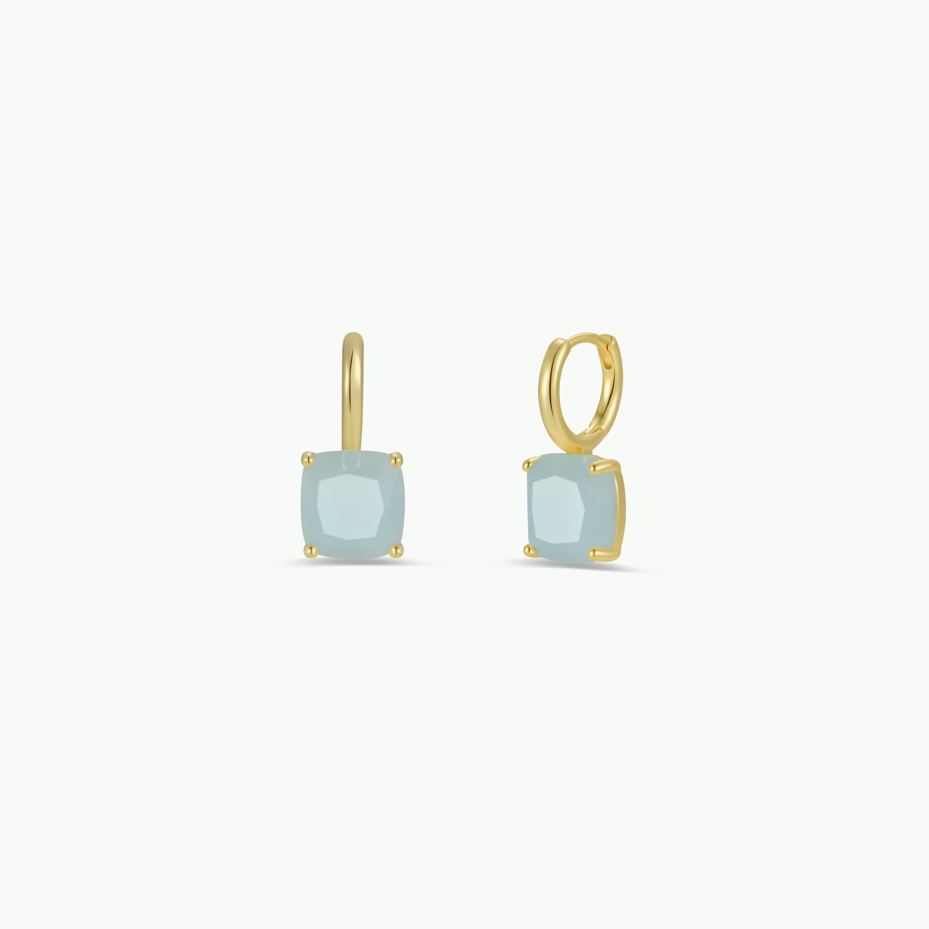 Gemstone Mini Drop - Amazonite: Gold hoop earrings with cushion-cut amazonite gemstones in a minimalist design, shown against a plain white background.