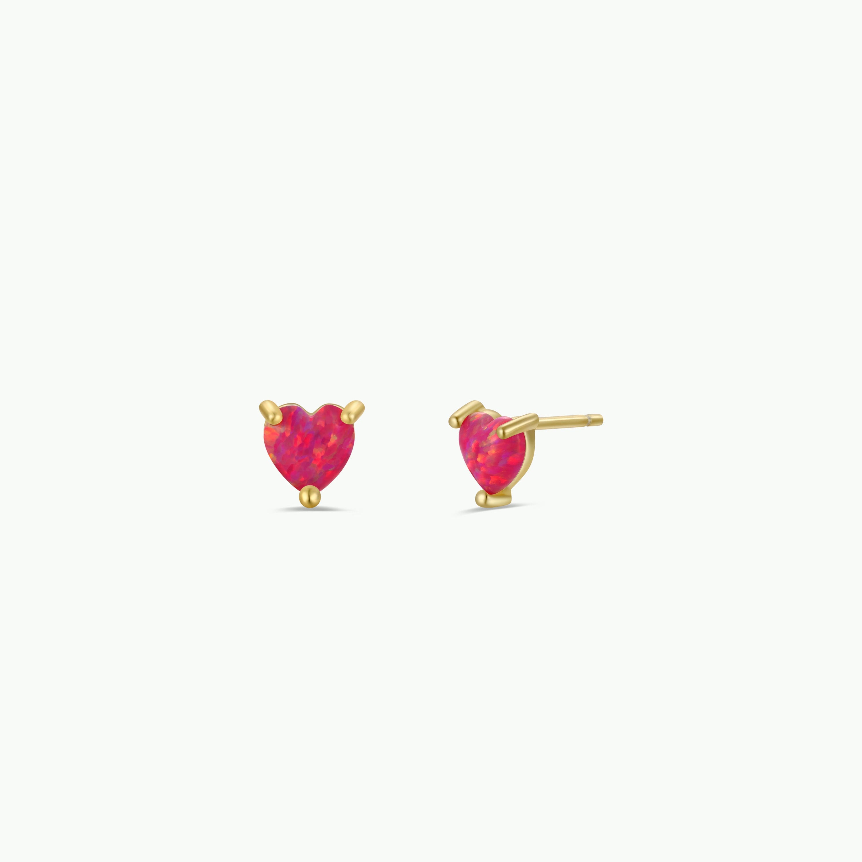 The Puffed Heart - Pink Opal earrings feature lab-grown pink opal gemstones in prong settings and 18k gold plating, shown against a plain white background.