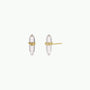 A pair of JaxKelly Clear Quartz Mineral Point earrings feature crystal points wrapped in gold wire, displayed on a white background. One shows the front crystals, the other the side with gold stud post—tarnish-free cleansing jewelry.