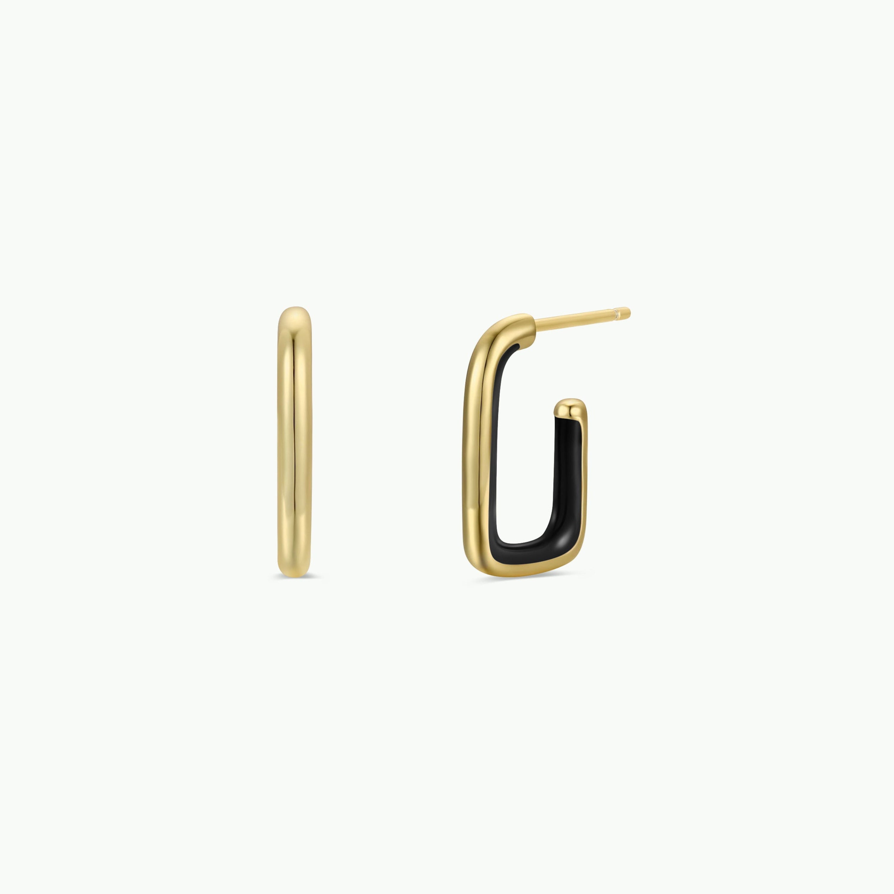 The JaxKelly Black Enamel Large Rectangle Hoop Earrings have a smooth half-gold, half-black finish and sterling silver posts, shown side by side on a plain white background.