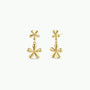 The Double Daisy Drop Earring by JaxKelly features gold-plated, shiny earrings with two rounded-petal daisy designs— a small flower on top and a larger, dangling daisy below.