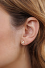 Close-up of a woman's ear adorned with Trio Cluster Gold Earrings - Pearl, featuring three clustered freshwater pearls on one stud and a tiny gold stud on the other, with her light brown hair tucked behind her ear.