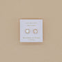 A pair of Round - Mother of Pearl Gemstone - Gold Earrings displayed on a white card labeled JaxKelly – Mother of Pearl – calming, set against a beige background.