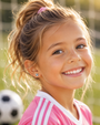 A smiling young girl in a soccer uniform wearing JaxKelly Soccer Enamel Flat Back Kids Earrings.