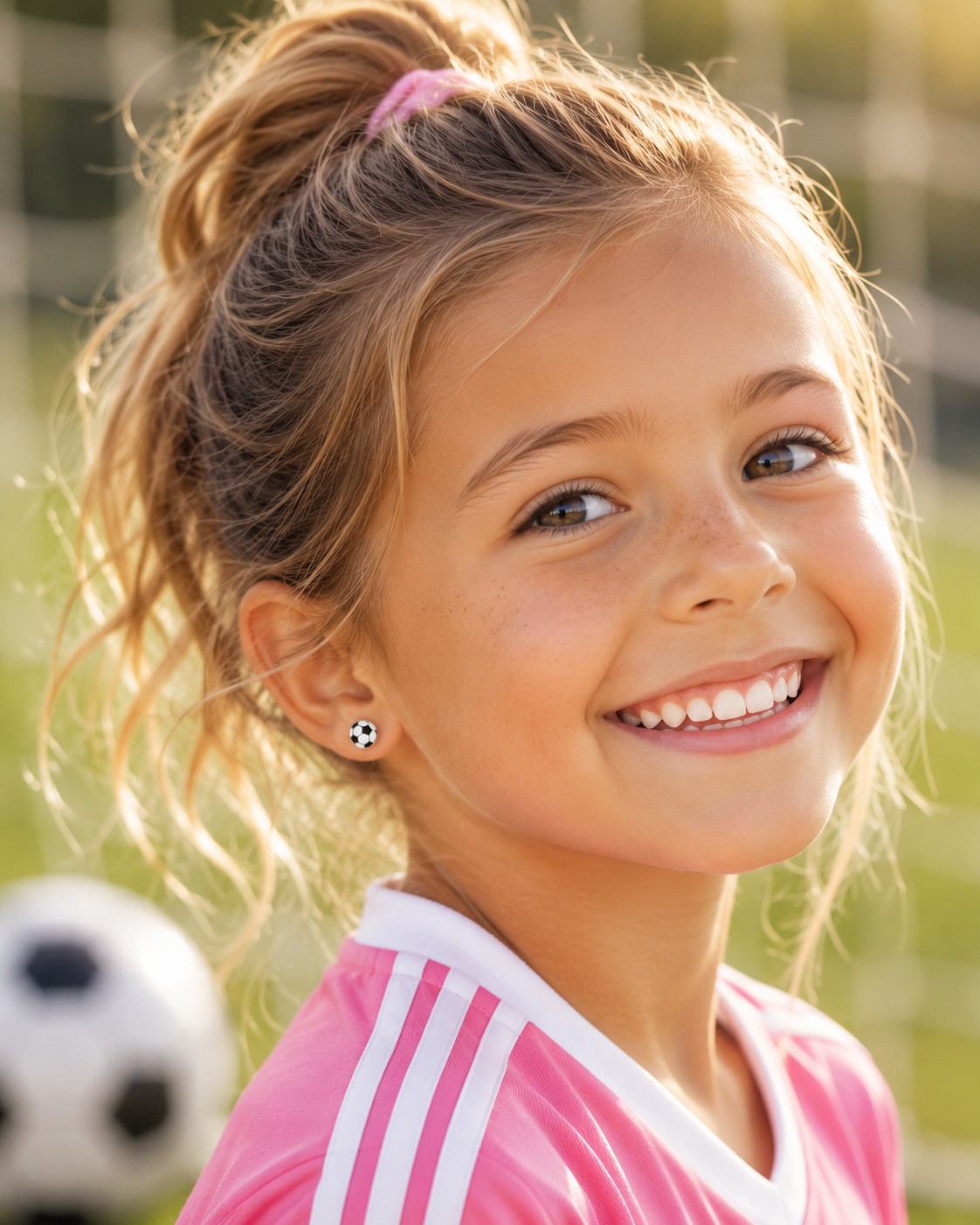 A smiling young girl in a soccer uniform wearing JaxKelly Soccer Enamel Flat Back Kids Earrings.