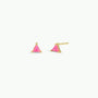 A pair of JaxKelly Pink Opal Mini Energy Gems – Joy, gold triangular studs with lab-grown pink opal centers, are shown on a white background: one upright and the other on its side to reveal the hypoallergenic post.
