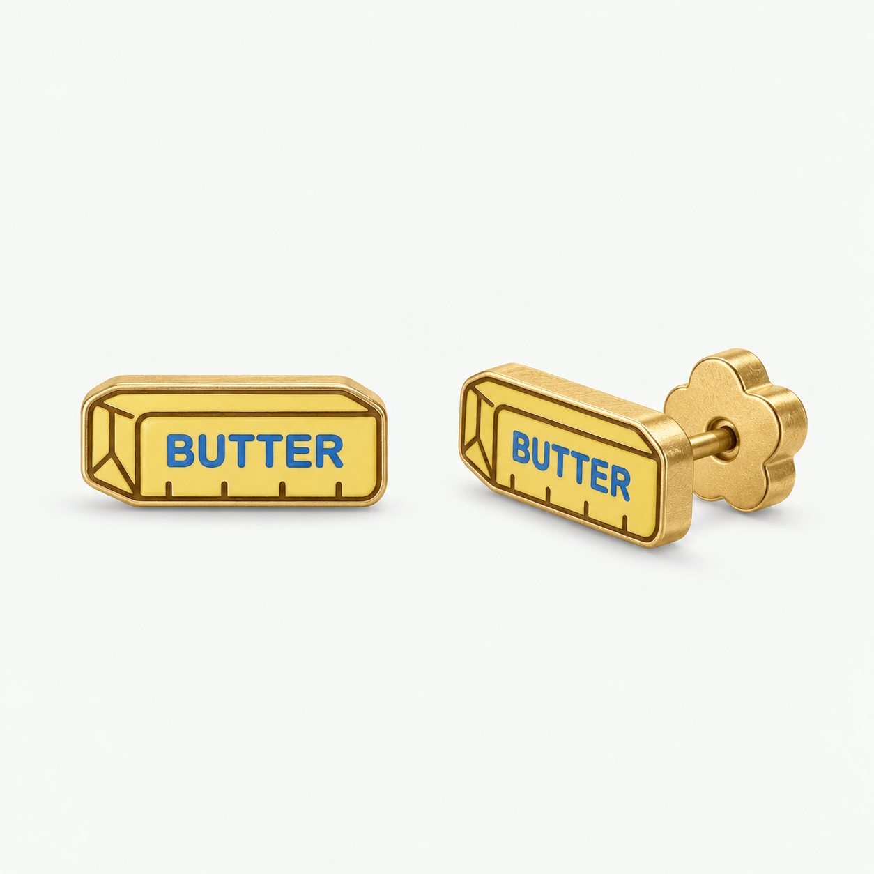 JaxKelly Butter Enamel Flat Back Kids Earrings shaped like sticks of butter with blue text and measurement markings, crafted from hypoallergenic surgical-grade stainless steel.