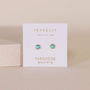 A pair of Simple Stud Earring - Turquoise Gemstone by JaxKelly, hypoallergenic and displayed on a white card with gold “JaxKelly,” “Wear Good Vibes,” and “Turquoise grounding” lettering, shown against a neutral background.