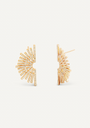 Sunburst Studs, gold vermeil earrings shaped like open fans and accented with rows of sparkling diamonds, are displayed from front and side angles on a plain white background.