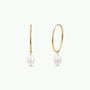 The Simple Hoop with Pearl features tarnish-free gold hoops, each with a single dangling white pearl, shown on a plain white background—an ideal pick for minimalist jewelry lovers.