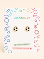 Pair of hypoallergenic Soccer Enamel Flat Back Kids Earrings shaped like soccer balls on a display card.