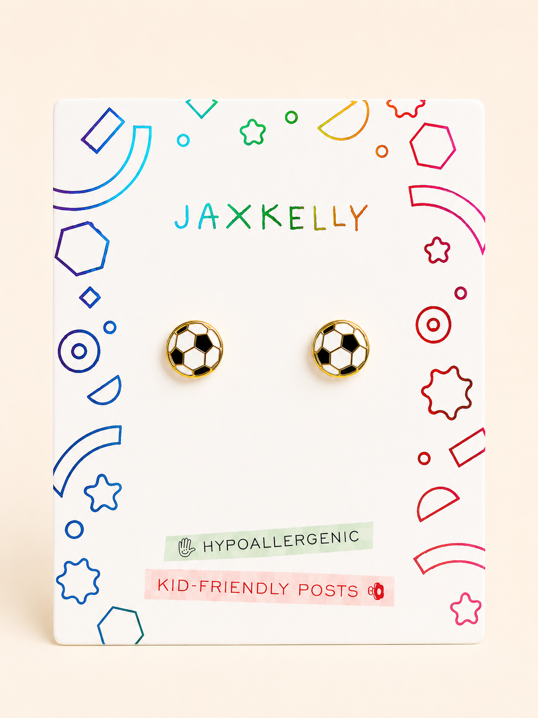 Pair of hypoallergenic Soccer Enamel Flat Back Kids Earrings shaped like soccer balls on a display card.