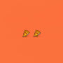 Two Pizza Enamel Flat Back Kids Earrings with pepperoni and cheese details are displayed side by side on a plain orange background—fun, hypoallergenic jewelry perfect for kids or anyone with sensitive ears.