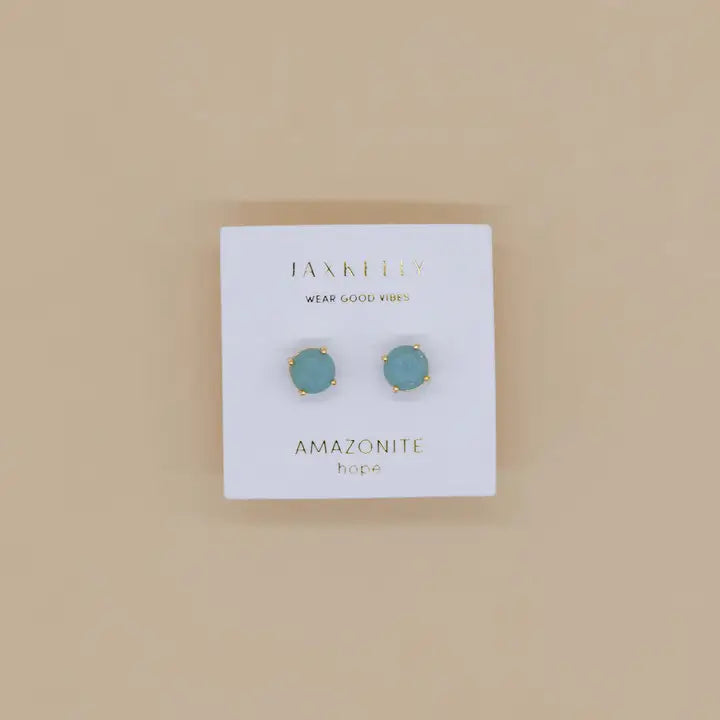 Round Amazonite Gemstone Gold Earrings by JaxKelly, displayed on a white card labeled "Wear Good Vibes" and "Amazonite Hope," shown against a beige background—minimalist studs perfect for any style.