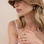 A woman in a white spaghetti strap top and wide-brimmed straw hat, with loose blonde hair, wears JaxKelly's Pearl Drop Earring and tarnish-free gold jewelry including rings and a heart-shaped necklace, gazing to the side.