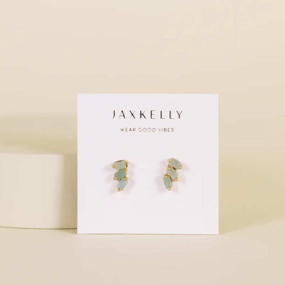The Offset Trio - Amazonite features 18k gold plated amazonite stud earrings with sterling silver posts, presented on a white JaxKelly Wear Good Vibes card against a light beige background.
