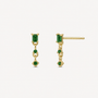 JaxKelly's Mini Baguette Drop Earrings - Emerald CZ feature gold-plated, hypoallergenic drops with a rectangular green stone above two smaller rounds, offering elegant comfort for daily wear against a white background.