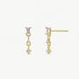 JaxKelly’s Mini Baguette Drop - White CZ earrings feature a vertical gold chain with small rectangular and round white CZ stones, displayed on a plain white background. Enjoy jewelry that stays brilliantly shiny and tarnish-free over time.