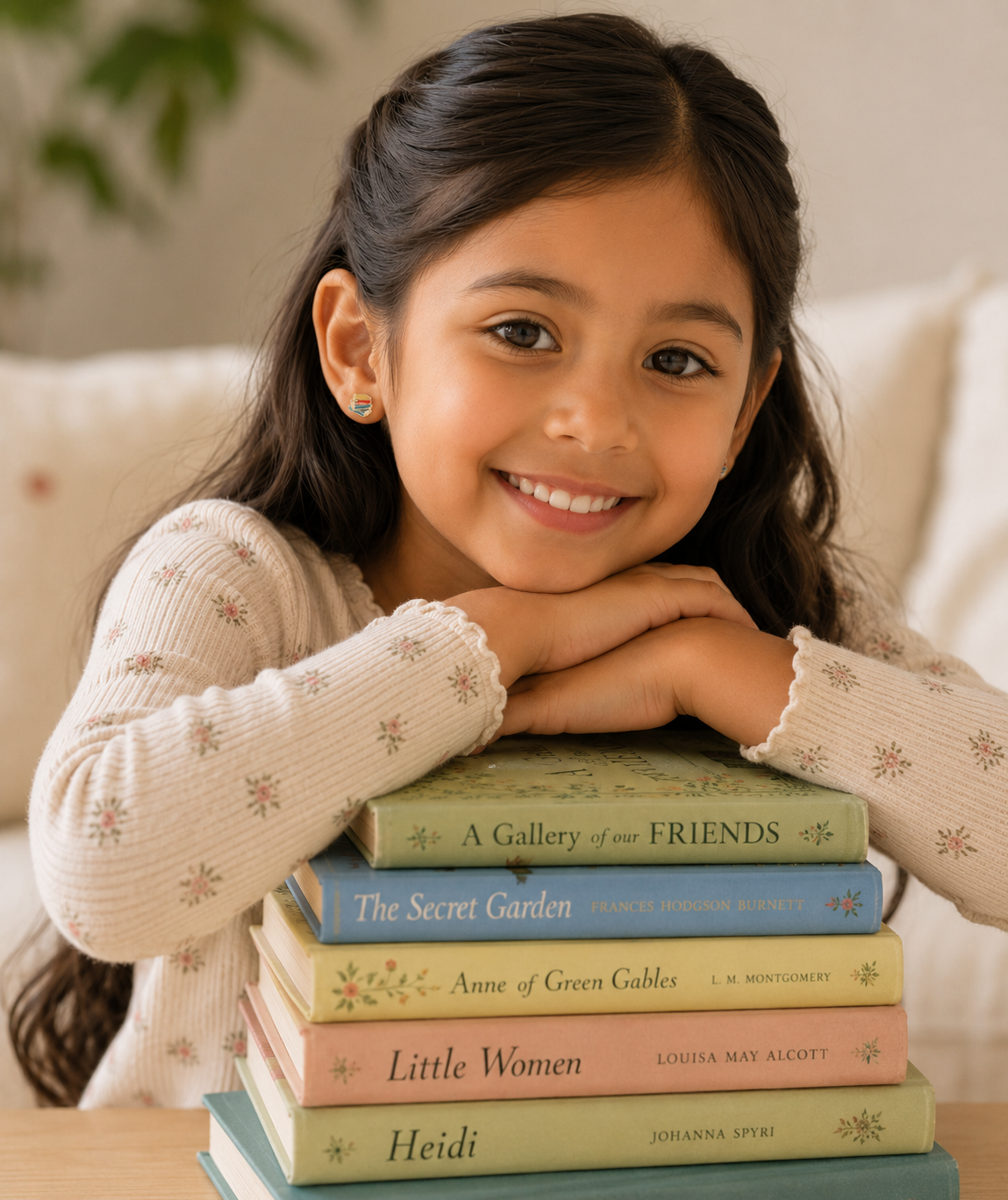 A smiling young girl with long dark hair sits indoors, wearing JaxKelly's Bookworm Enamel Flat Back Kids Earrings—adorable jewelry perfect for sensitive ears—while resting her arms on a stack of classic books.