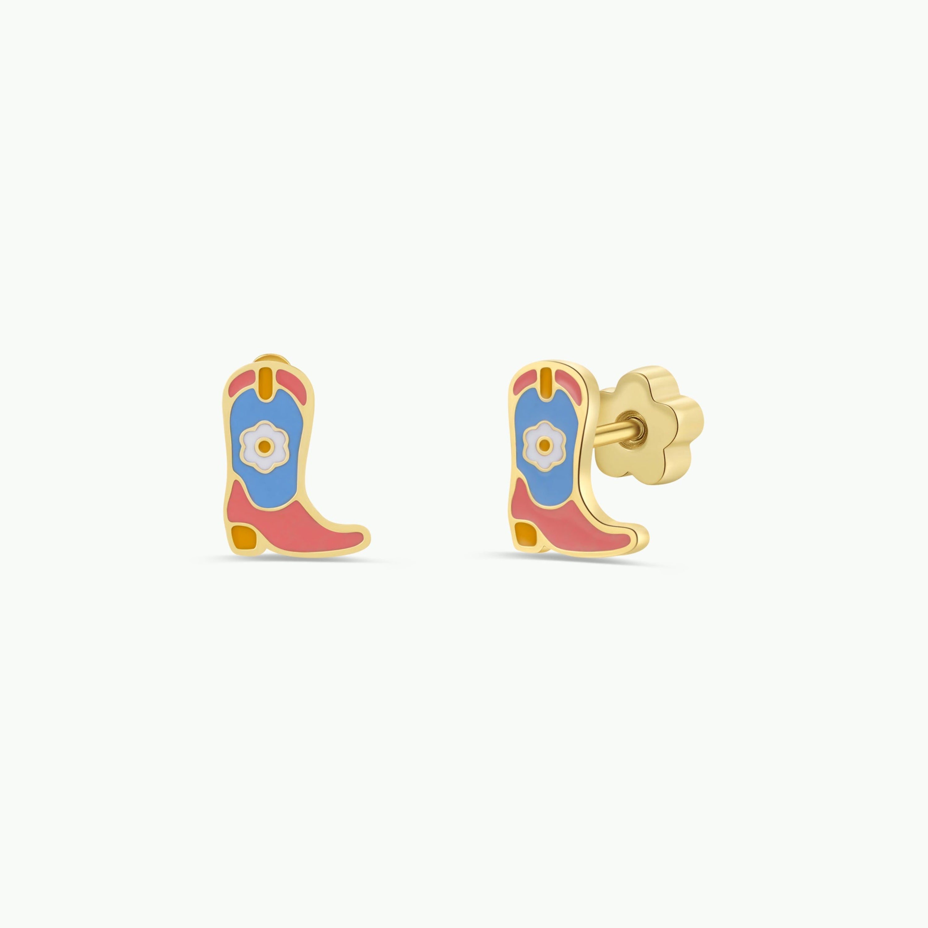 The Boot Enamel Flat Back Kids Earrings feature cowboy boot shapes with gold outlines, red, blue, and pink enamel details, plus a white flower. Screw-backs offer secure and comfy wear for kids.