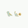 Dinosaur Enamel Flat Back Kids Earrings—hypoallergenic gold earrings featuring a blue and yellow T-rex and a spotted brontosaurus with butterfly backings, perfect for sensitive ears and shown on a white background.