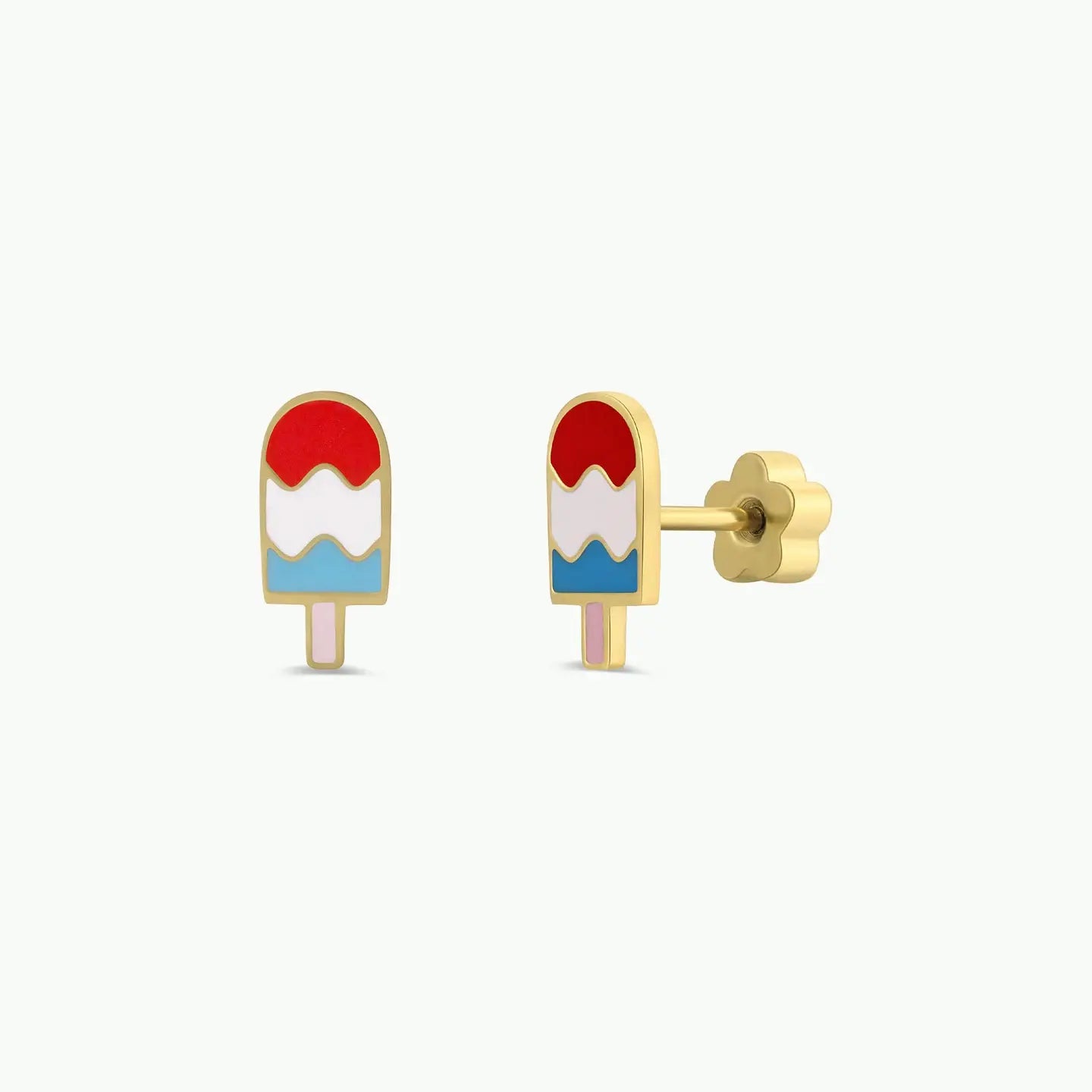 Popsicle Enamel Flat Back Kids Earrings are gold plated and shaped like popsicles with red, white, and blue enamel and a gold stick. Hypoallergenic for sensitive ears; one earring is shown front-facing, the other from the side.