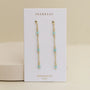 A pair of JaxKelly Gemstone Chain Drop earrings featuring small Amazonite beads and 18k gold plating, displayed on a white card labeled "JaxKelly" and "Amazonite hope" against a neutral background.