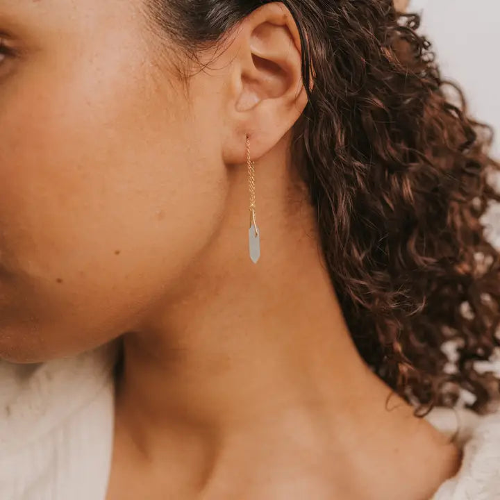 Close-up of a person with curly brown hair wearing the JaxKelly Gemstone Threader - Amazonite, a gold plated threader earring featuring a light blue Amazonite gemstone. The focus is on the earring and ear with an elegant, softly blurred background.