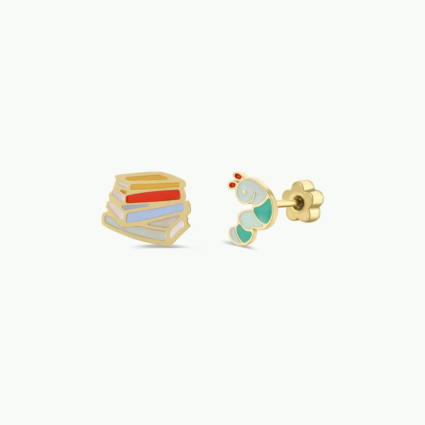 The Bookworm Enamel Flat Back Kids Earrings feature two gold studs—one a stack of colorful books, the other a smiling blue and green caterpillar. Made with surgical-grade stainless steel, they're perfect for sensitive ears.