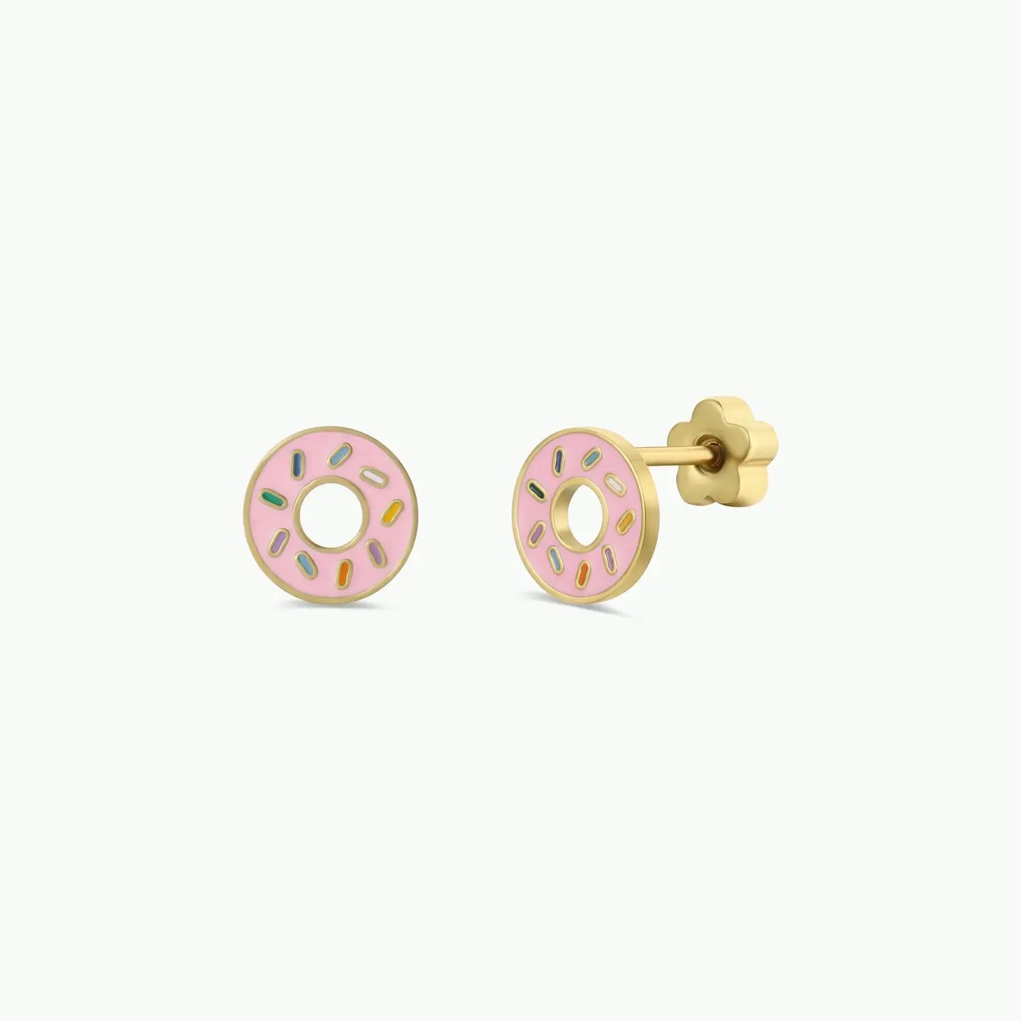 Donut Enamel Flat Back Kids Earrings in gold, shaped like donuts with pink frosting and colorful sprinkles, are shown against a plain white background.
