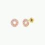 Donut Enamel Flat Back Kids Earrings in gold, shaped like donuts with pink frosting and colorful sprinkles, are shown against a plain white background.