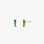 The JaxKelly Mini Crawler - Emerald CZ - Gold Earrings are 18K gold plated stud earrings featuring a vertical row of four small round emerald cubic zirconia stones. Hypoallergenic for sensitive ears and shown on a plain white background.