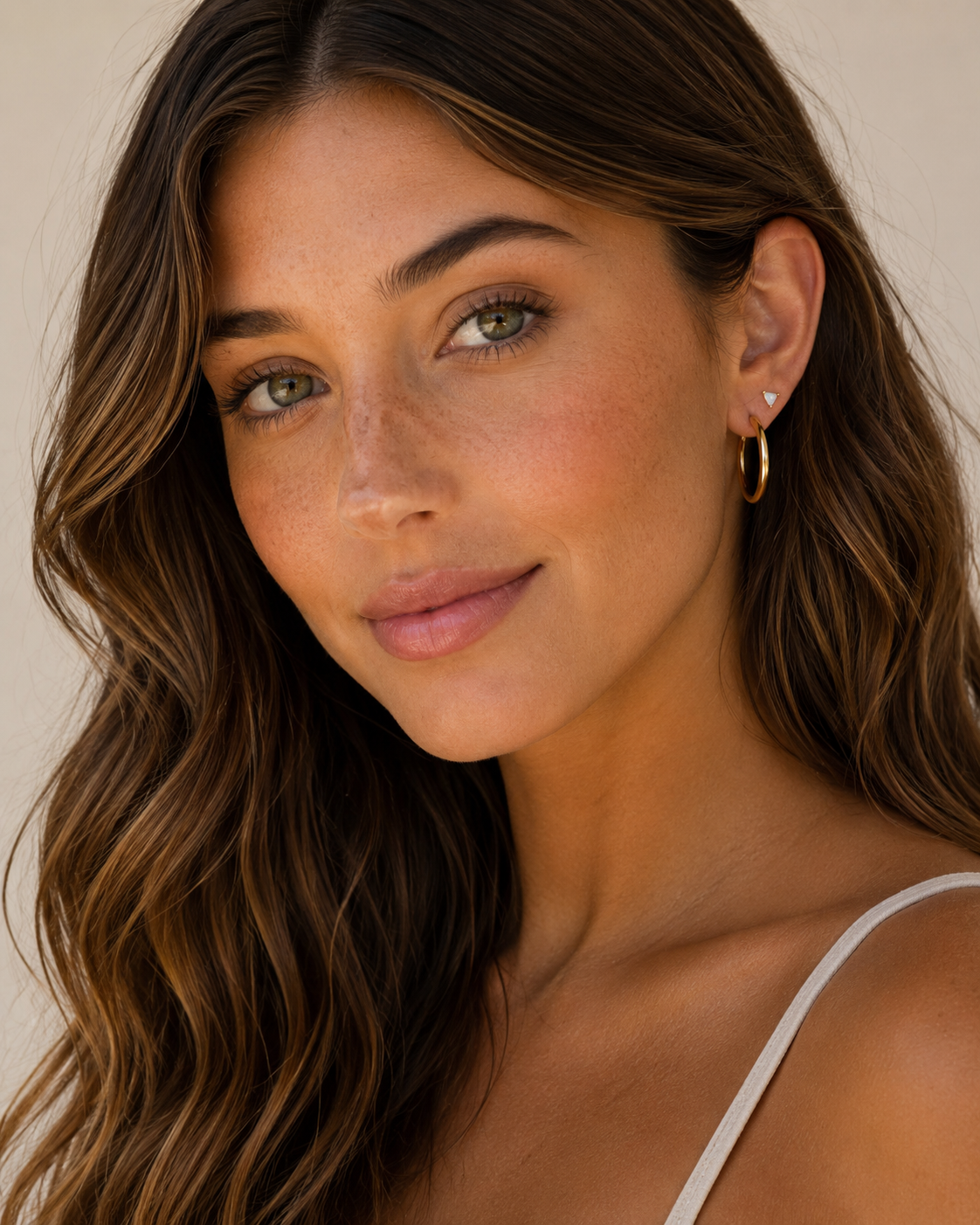 A woman with long wavy brown hair, green eyes, and sun-kissed freckled skin smiles softly. She wears JaxKelly’s Gold Everyday Hoop - Large and a small stud, paired with a light-colored tank top for a timeless look.