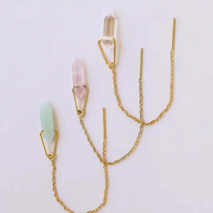 The JaxKelly Gemstone Threader - Rose Quartz, a minimalist gold earring with a pointed rose quartz crystal, is beautifully displayed on a white background—ideal for lovers of delicate jewelry.