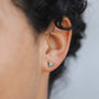 Close-up of a person's ear wearing JaxKelly's Turquoise - Mini Energy Gems - Grounding stud earring, a small triangular turquoise with sterling silver posts. The person has curly dark hair against a soft, neutral background.