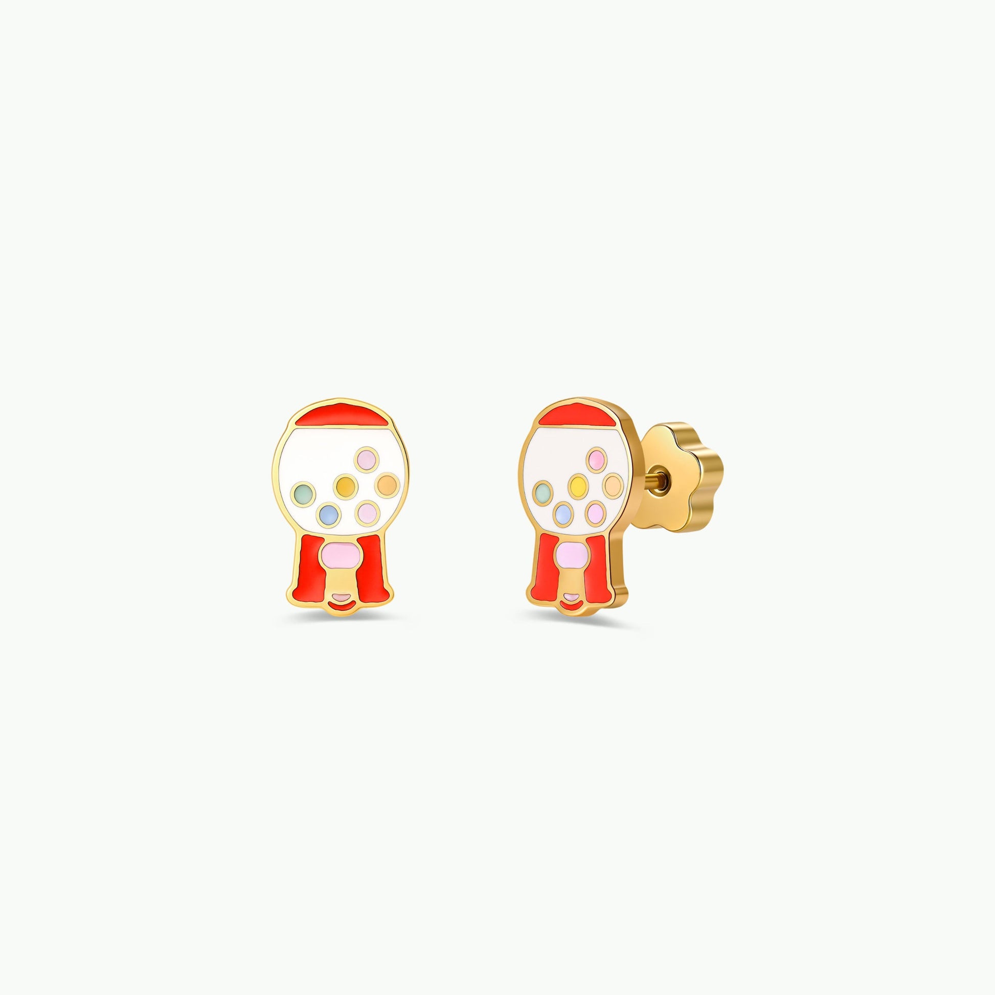JaxKelly’s Gumball Enamel Flat Back Kids Earrings are shaped like gumball machines, featuring playful red, white, and gold colors with tiny multicolored enamel dots that look just like gumballs. These 18K gold plated earrings are hypoallergenic for comfortable everyday wear.