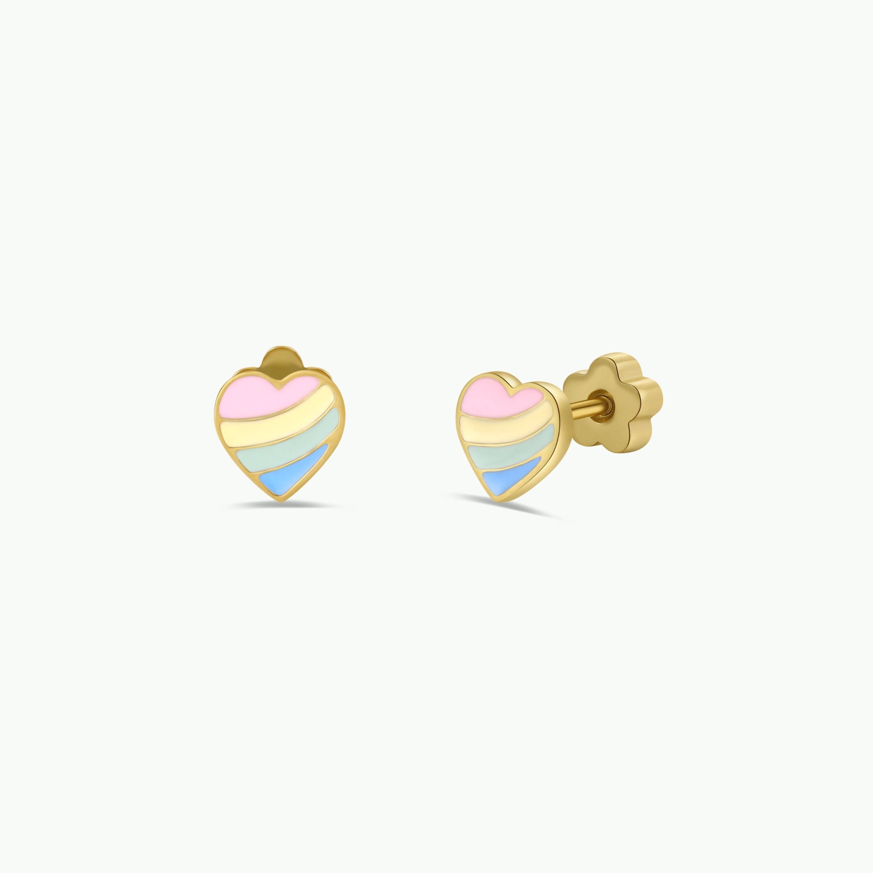 Heart Enamel Flat Back Kids Earrings: Gold heart-shaped studs with pastel pink, white, yellow, and blue enamel stripes. Hypoallergenic with a smooth glossy finish and daisy-shaped backing—perfect for sensitive ears.