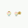 Heart Enamel Flat Back Kids Earrings: Gold heart-shaped studs with pastel pink, white, yellow, and blue enamel stripes. Hypoallergenic with a smooth glossy finish and daisy-shaped backing—perfect for sensitive ears.