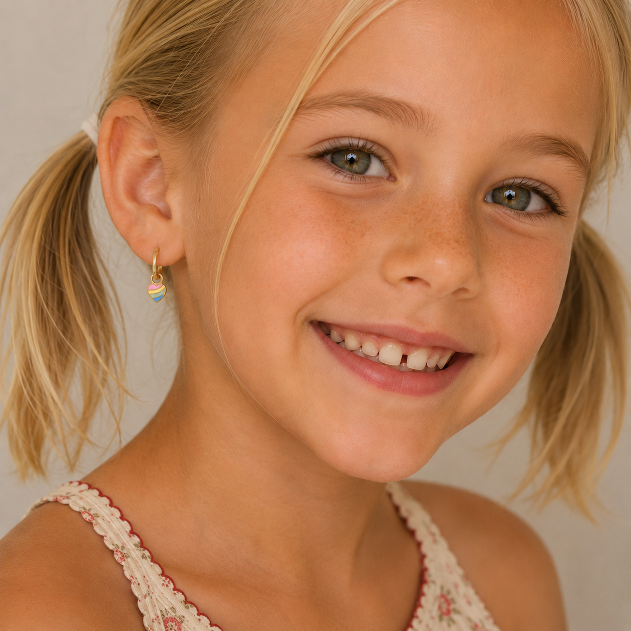 A young blonde girl in pigtails smiles at the camera, wearing JaxKelly's Heart Enamel Charm Hoop earrings—hypoallergenic and perfect for kids’ sensitive ears. She pairs them with a cream floral embroidered top against a neutral backdrop.